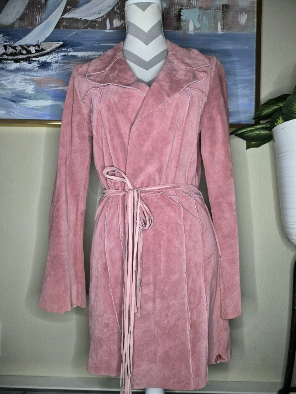 Womens Dusty Rose Suede Belted Trench Coat